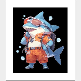 Funny Anime Shark Scuba Diver Posters and Art